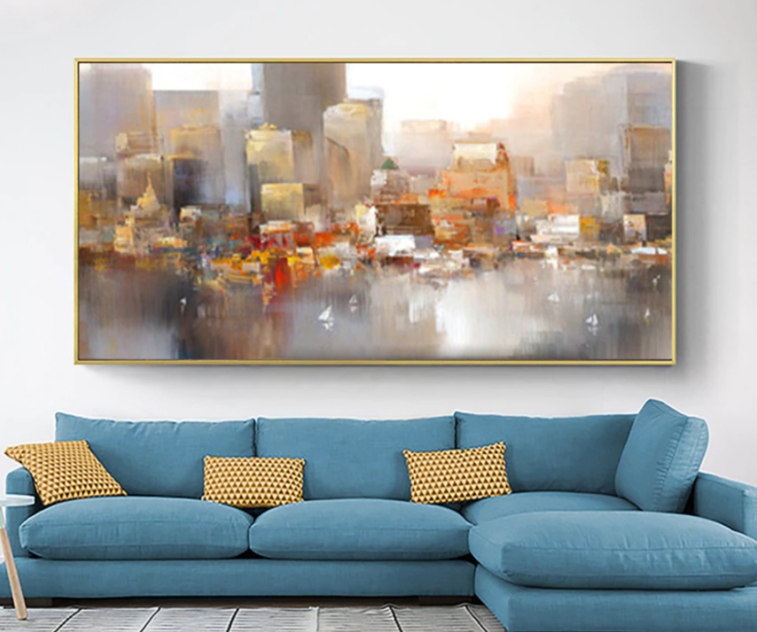 Urban Serenity: Abstract Cityscape Oil Painting for Modern Home Decor