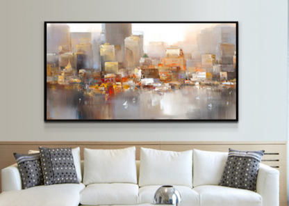 Urban Serenity: Abstract Cityscape Oil Painting for Modern Home Decor