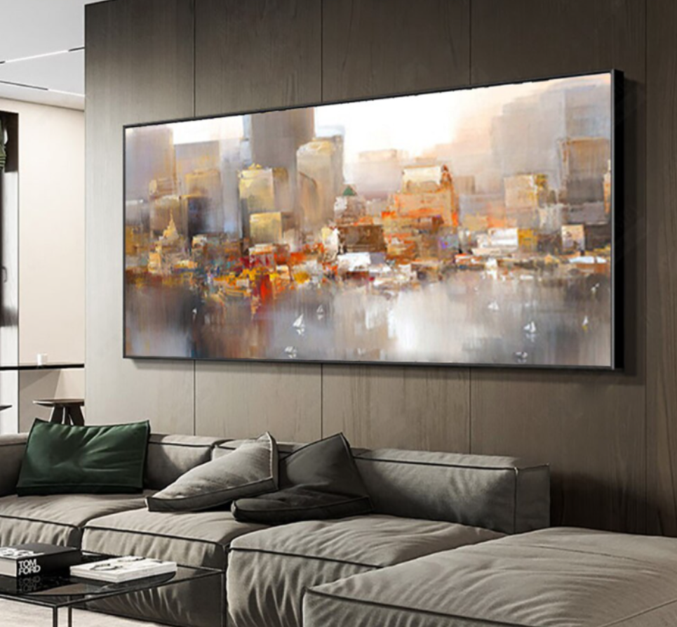 Urban Serenity: Abstract Cityscape Oil Painting for Modern Home Decor