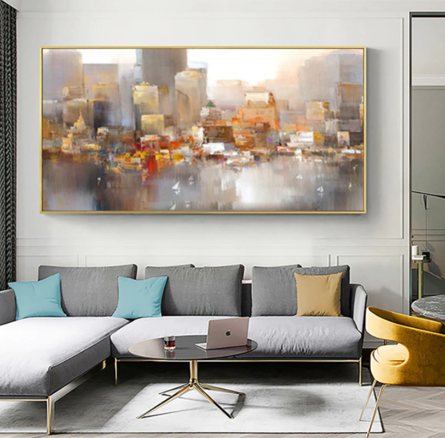 Urban Serenity: Abstract Cityscape Oil Painting for Modern Home Decor