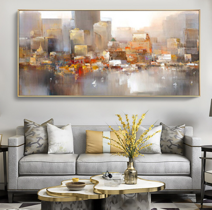 Urban Serenity: Abstract Cityscape Oil Painting for Modern Home Decor