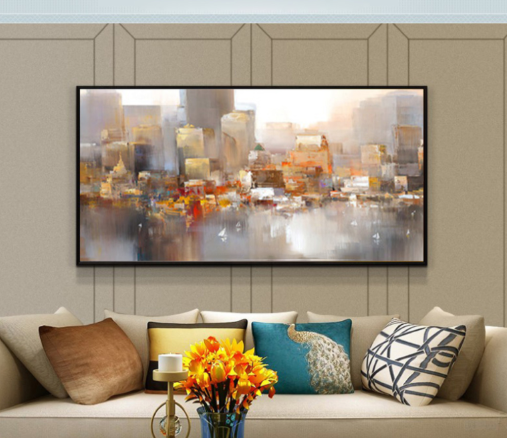 Urban Serenity: Abstract Cityscape Oil Painting for Modern Home Decor