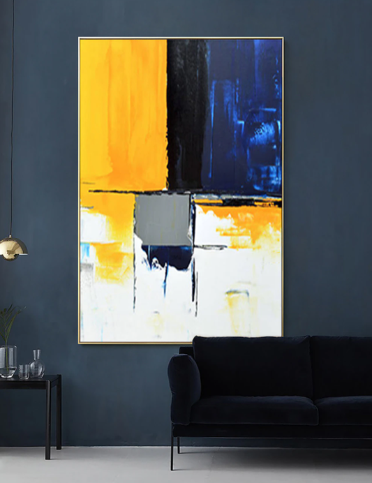 Contemporary Abstract Oil Painting in Bold Yellow and Blue Tones