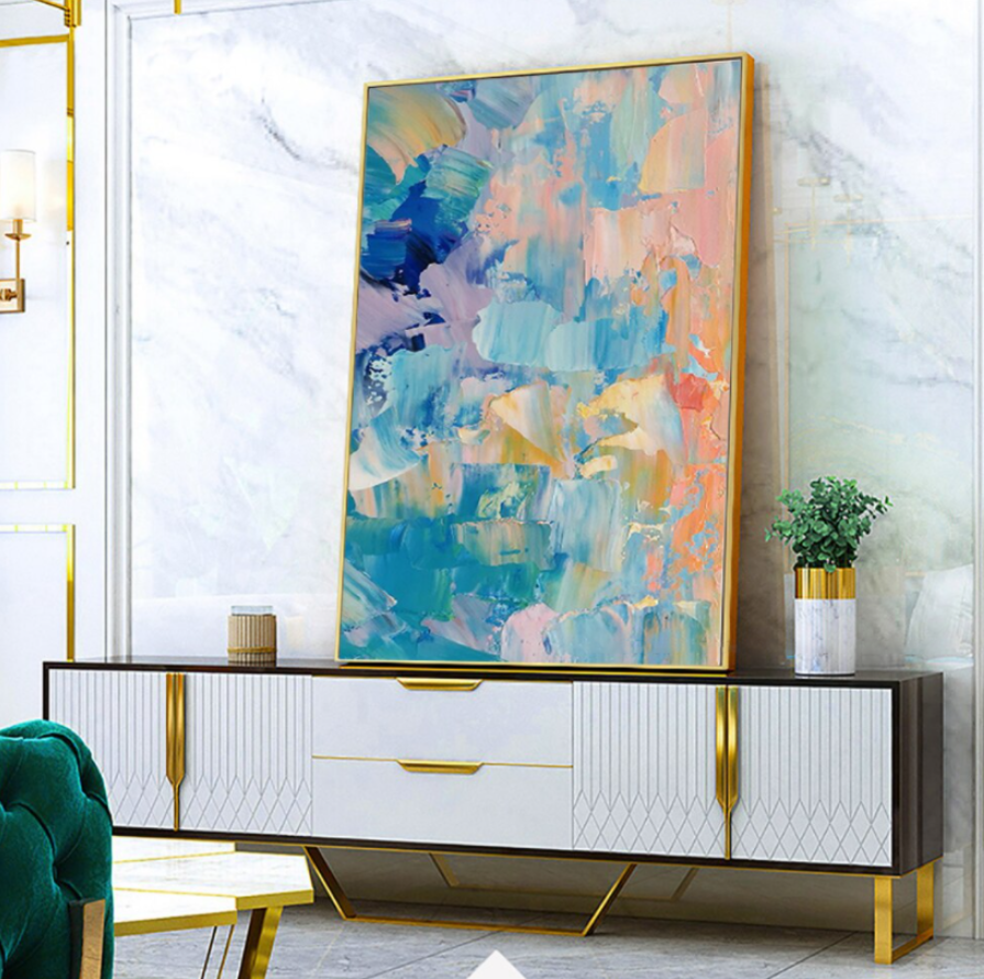 Vibrant Abstract Oil Painting in Cool Blues and Soft Pinks for Modern Decor