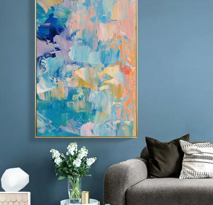 Vibrant Abstract Oil Painting in Cool Blues and Soft Pinks for Modern Decor