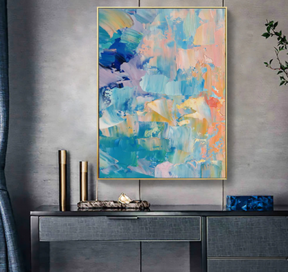 Vibrant Abstract Oil Painting in Cool Blues and Soft Pinks for Modern Decor