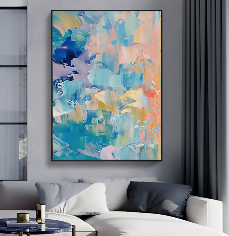 Vibrant Abstract Oil Painting in Cool Blues and Soft Pinks for Modern Decor