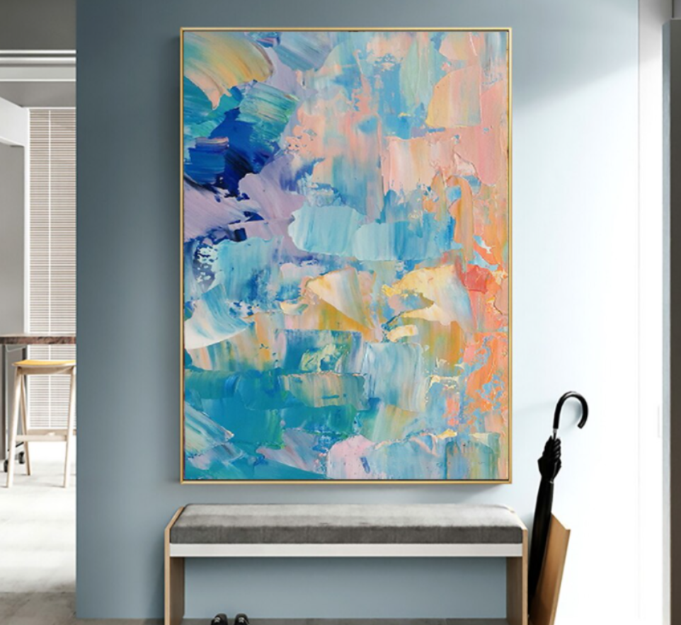 Vibrant Abstract Oil Painting in Cool Blues and Soft Pinks for Modern Decor