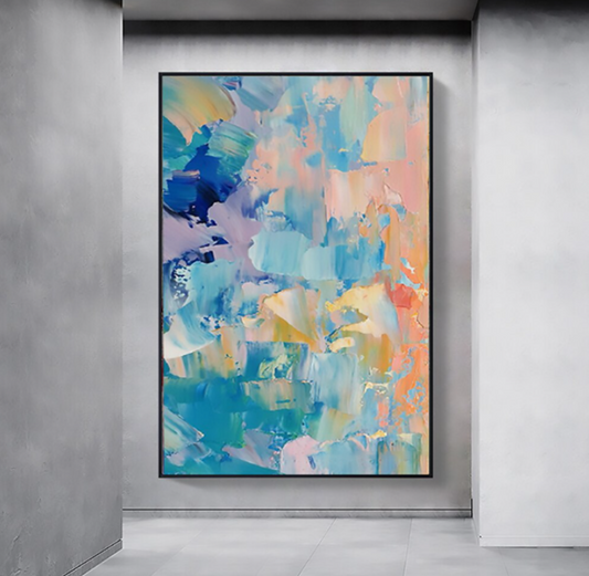 Vibrant Abstract Oil Painting in Cool Blues and Soft Pinks for Modern Decor