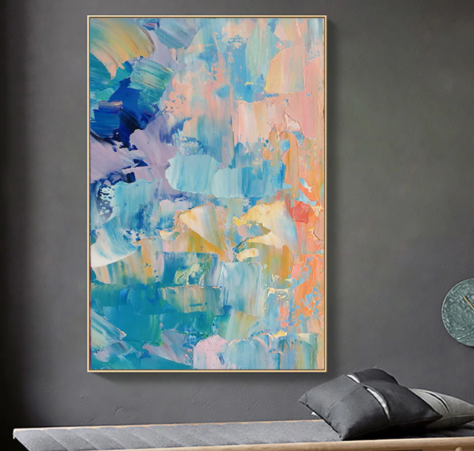 Vibrant Abstract Oil Painting in Cool Blues and Soft Pinks for Modern Decor