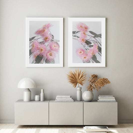 Blossoming Pink Eucalyptus Diptych - Modern Floral Oil Paintings for Elegant Home Decor