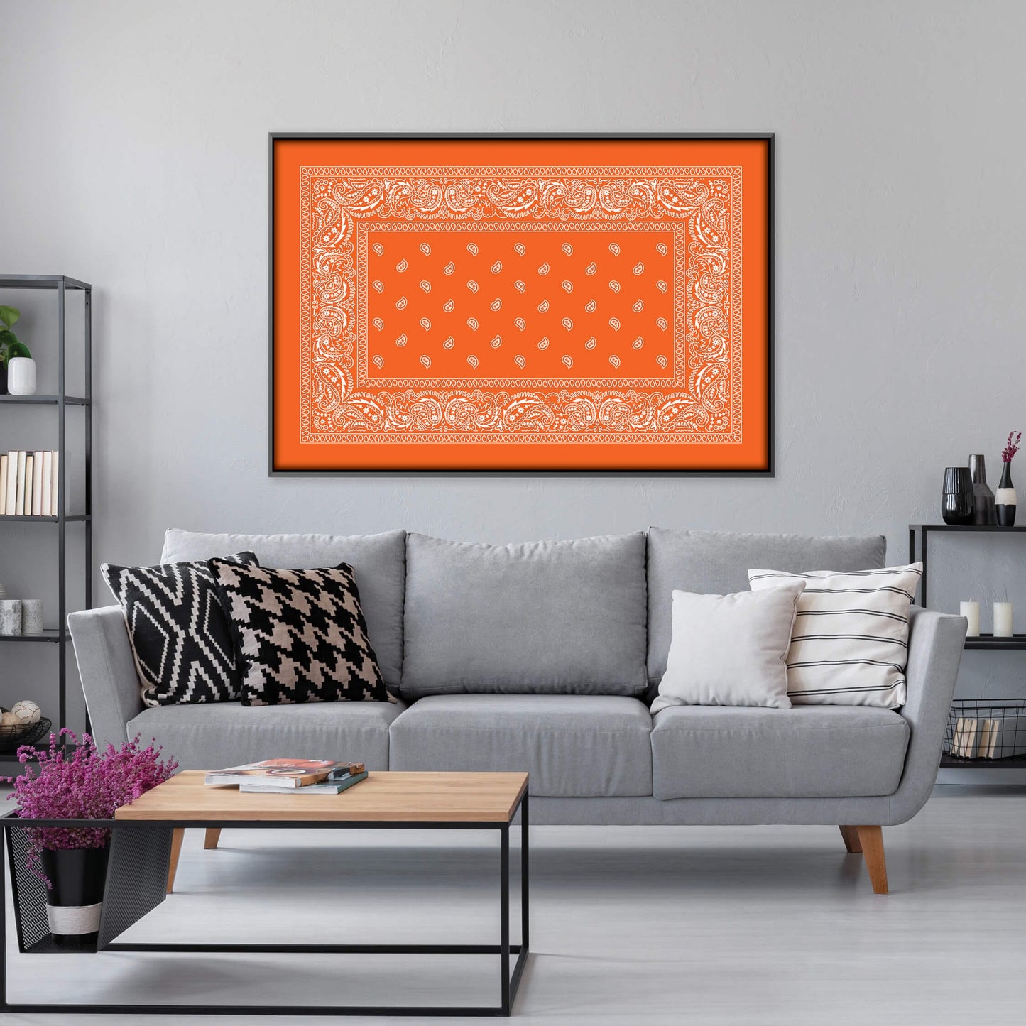 Vibrant Orange Paisley Bandana Oil Painting for Modern Home Decor