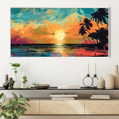 Tropical Sunset Oil Painting with Vibrant Colors and Serene Ocean View Decor