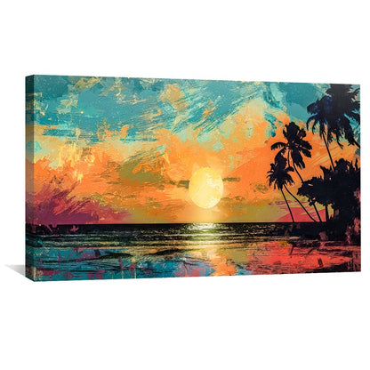 Tropical Sunset Oil Painting with Vibrant Colors and Serene Ocean View Decor