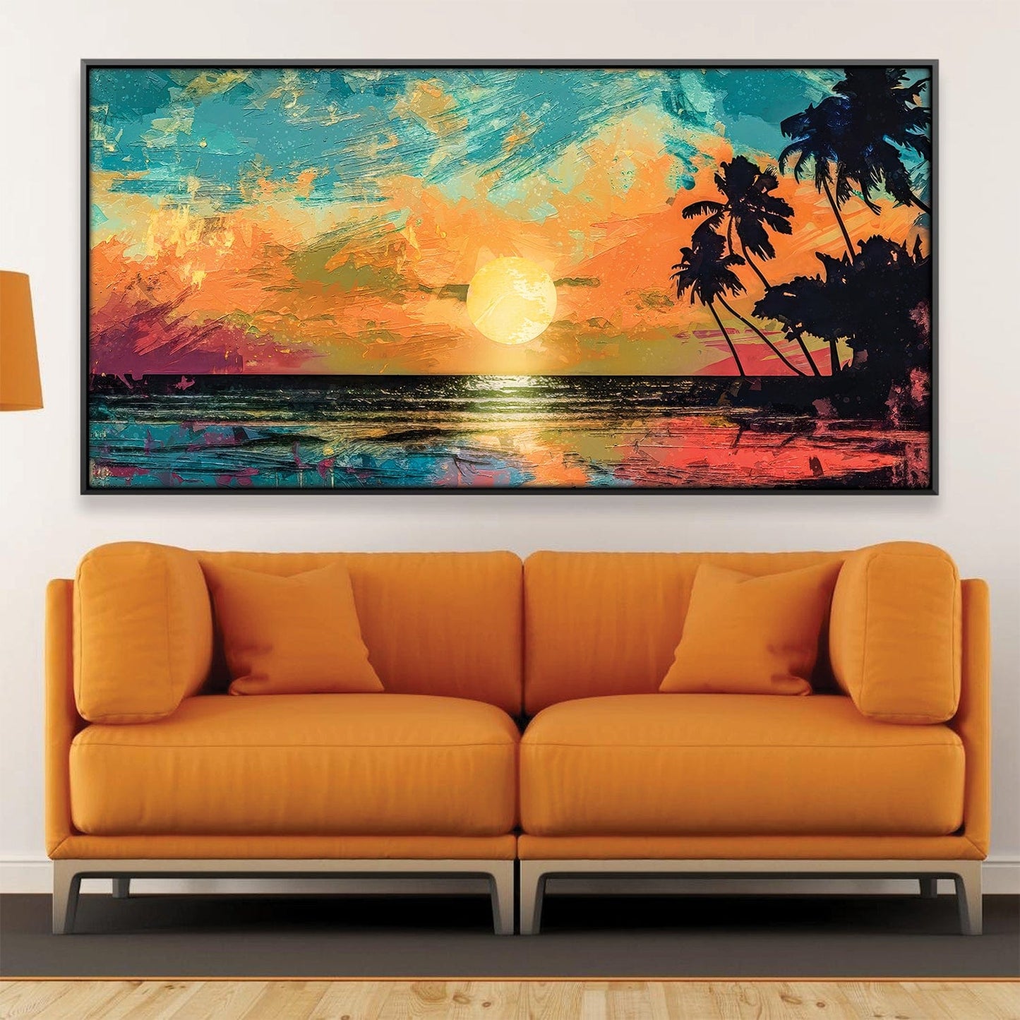 Tropical Sunset Oil Painting with Vibrant Colors and Serene Ocean View Decor