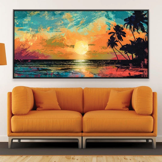 Tropical Sunset Oil Painting with Vibrant Colors and Serene Ocean View Decor
