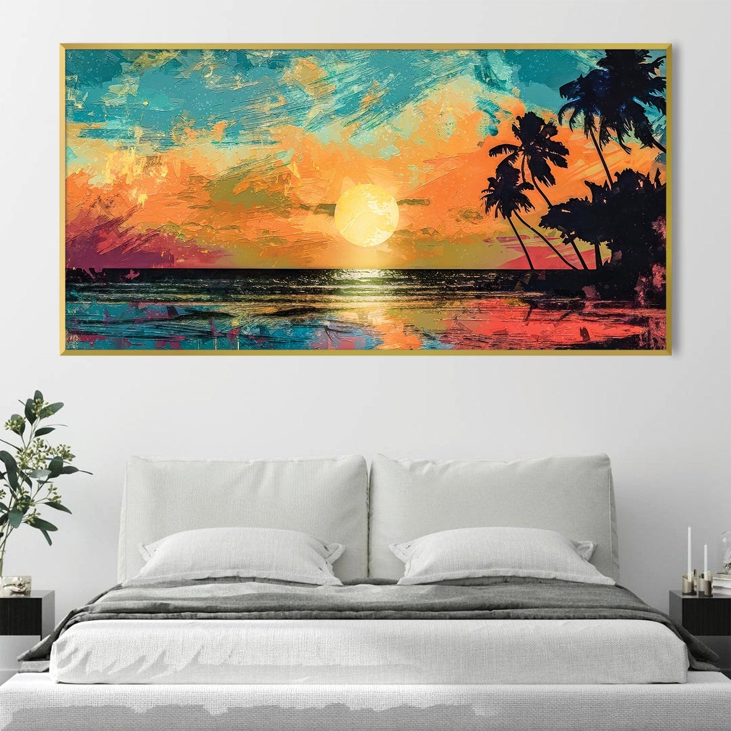 Tropical Sunset Oil Painting with Vibrant Colors and Serene Ocean View Decor