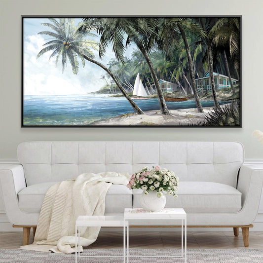 Tropical Beach Paradise Oil Painting with Palm Trees and Ocean View