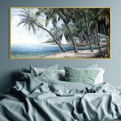 Tropical Beach Paradise Oil Painting with Palm Trees and Ocean View
