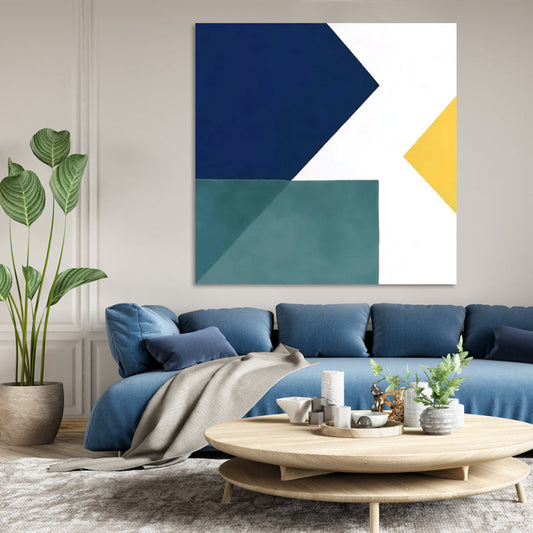 Modern Geometric Oil Painting in Green, Blue, and Yellow for Contemporary Decor