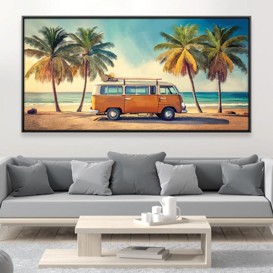 Coastal Sunset Vibes with Vintage Van and Palm Trees Oil Painting