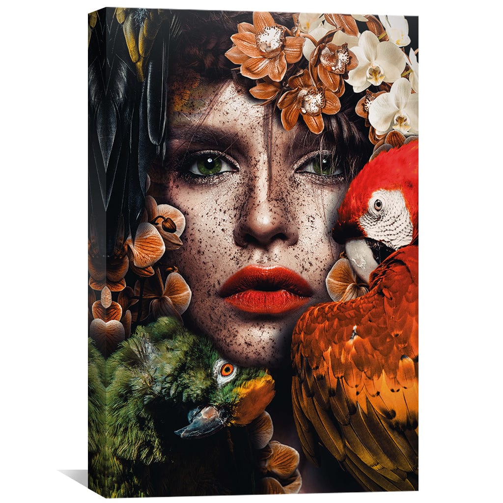 Vibrant Parrot and Floral Woman Oil Painting for Modern Home Décor