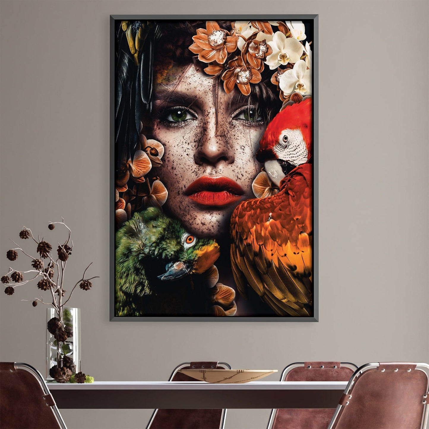 Vibrant Parrot and Floral Woman Oil Painting for Modern Home Décor