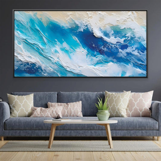 Coastal Serenity Abstract Oil Painting in Vivid Blue and Cream Tones for Modern Decor