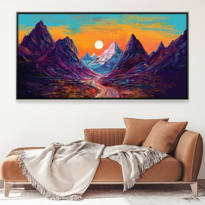 Vibrant Mountain Landscape Oil Painting with Pathway to Sunset