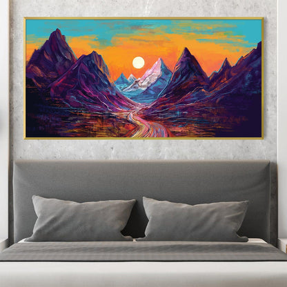 Vibrant Mountain Landscape Oil Painting with Pathway to Sunset