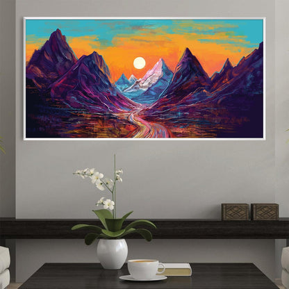 Vibrant Mountain Landscape Oil Painting with Pathway to Sunset