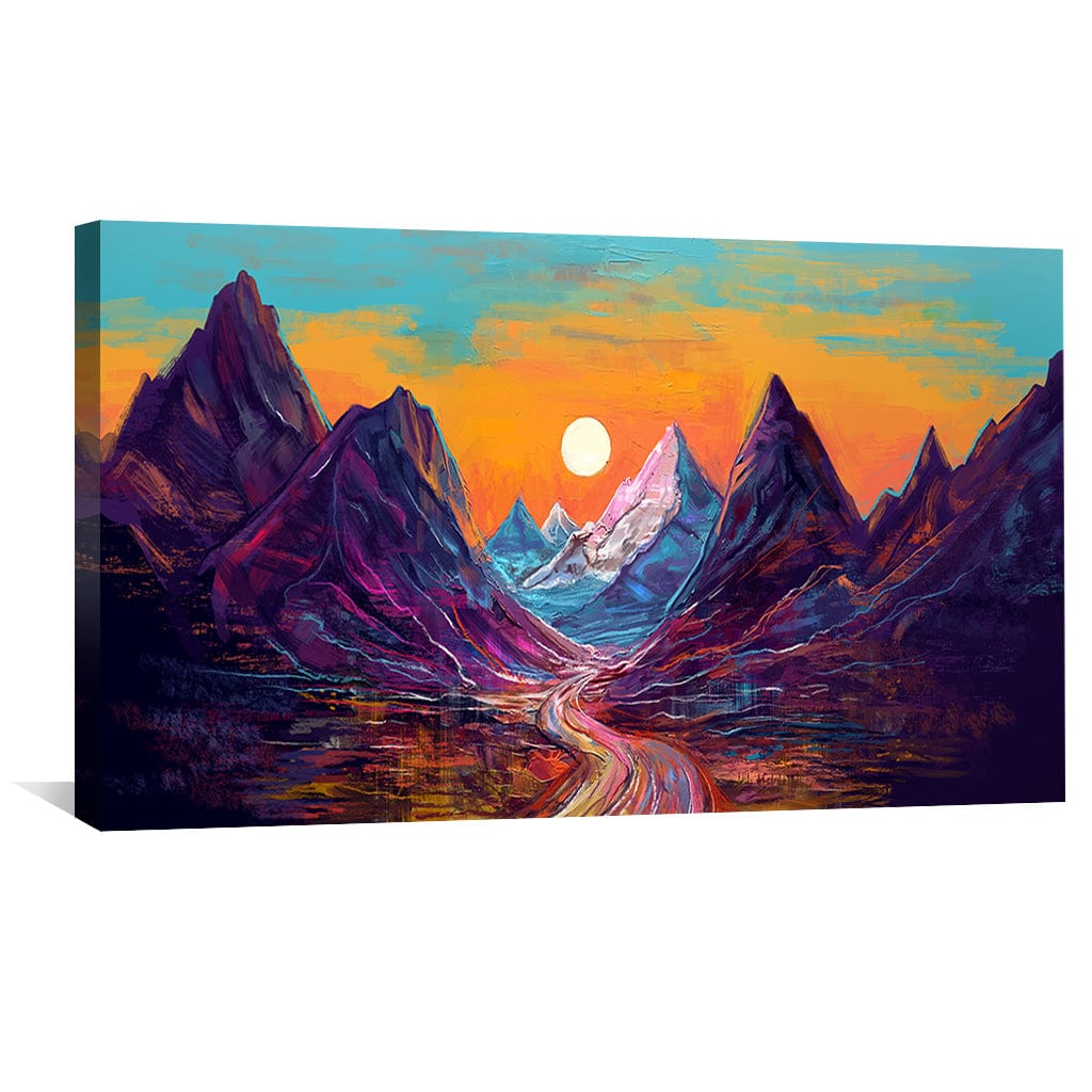 Vibrant Mountain Landscape Oil Painting with Pathway to Sunset