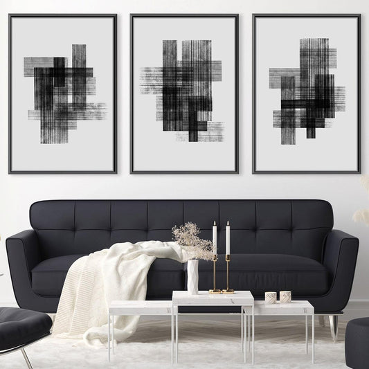 Abstract Black and White Lines Oil Painting for Modern Home Decor