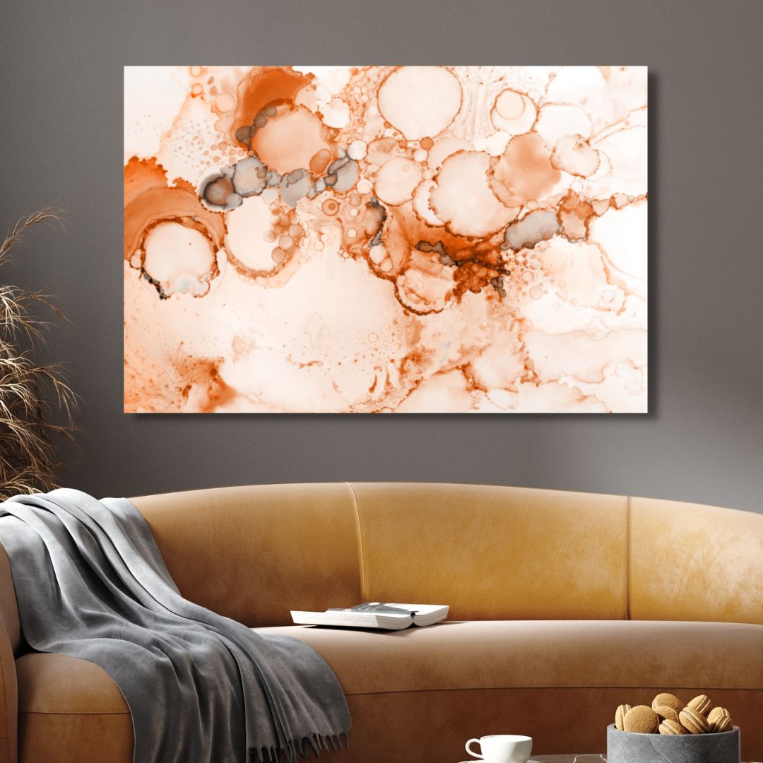 Abstract Peach and Orange Alcohol Ink Canvas Art for Modern Home Decor