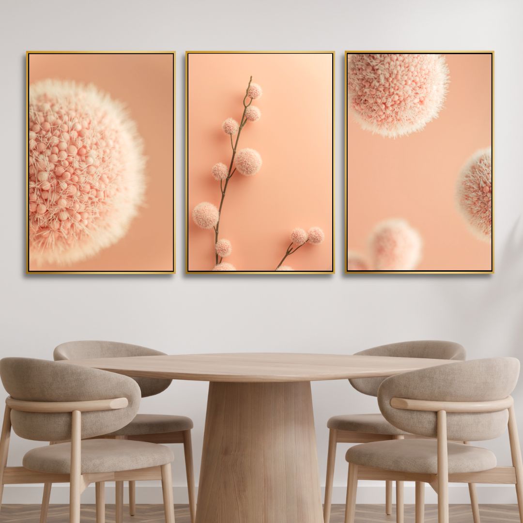Soft Peach Abstract Floral Triptych Canvas Wall Art for Modern Decor