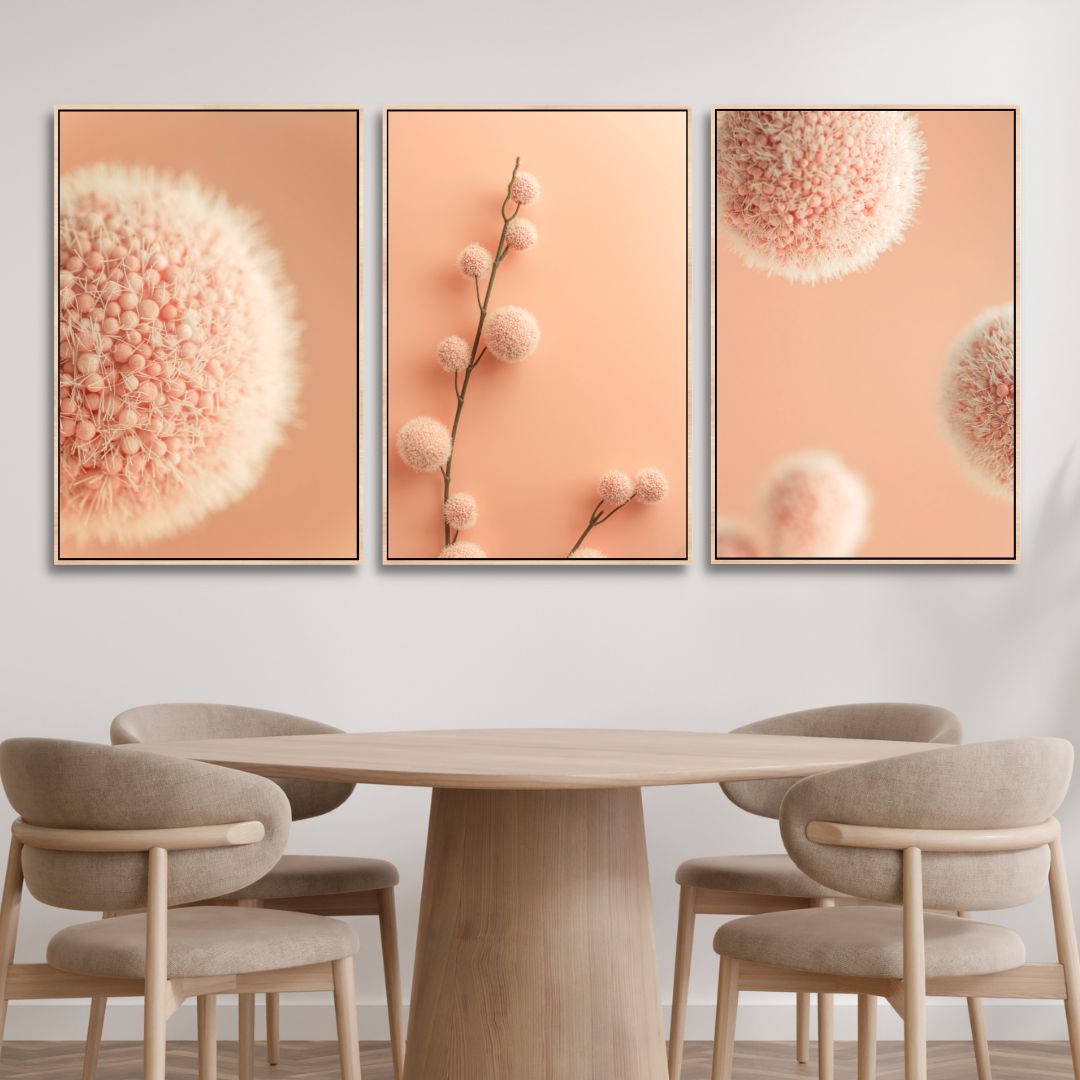 Soft Peach Abstract Floral Triptych Canvas Wall Art for Modern Decor