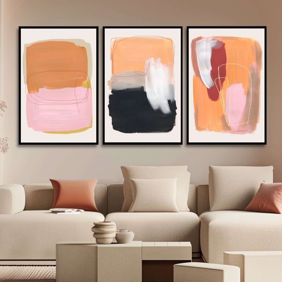 Abstract Oil Painting with Peach, Gray and Beige Brush Strokes for Modern Decor