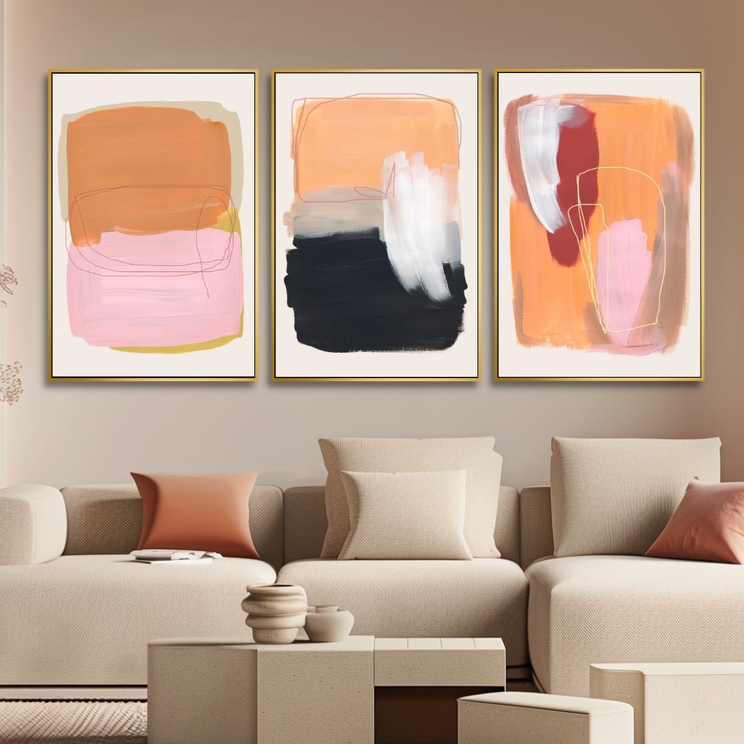 Abstract Oil Painting with Peach, Gray and Beige Brush Strokes for Modern Decor