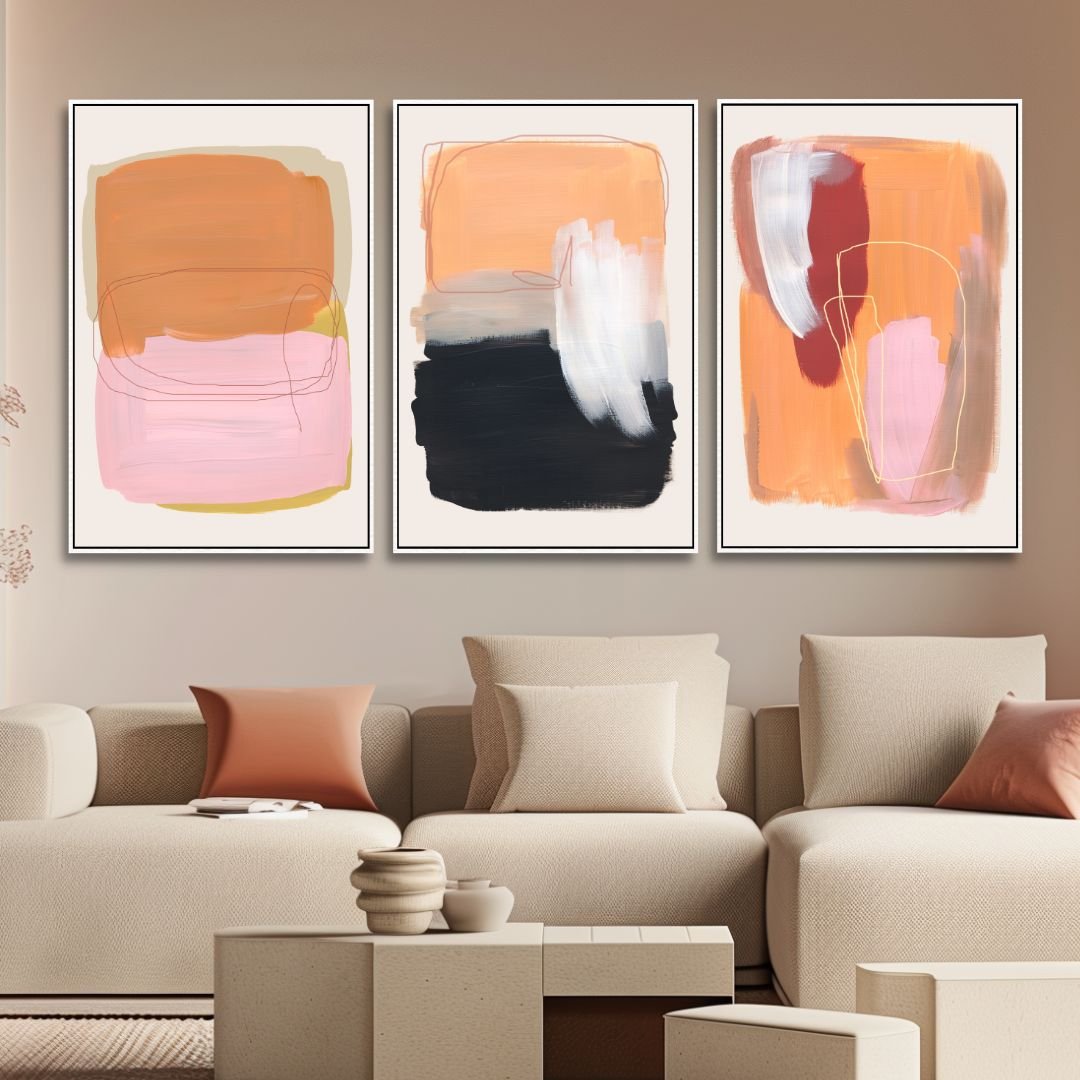 Abstract Oil Painting with Peach, Gray and Beige Brush Strokes for Modern Decor