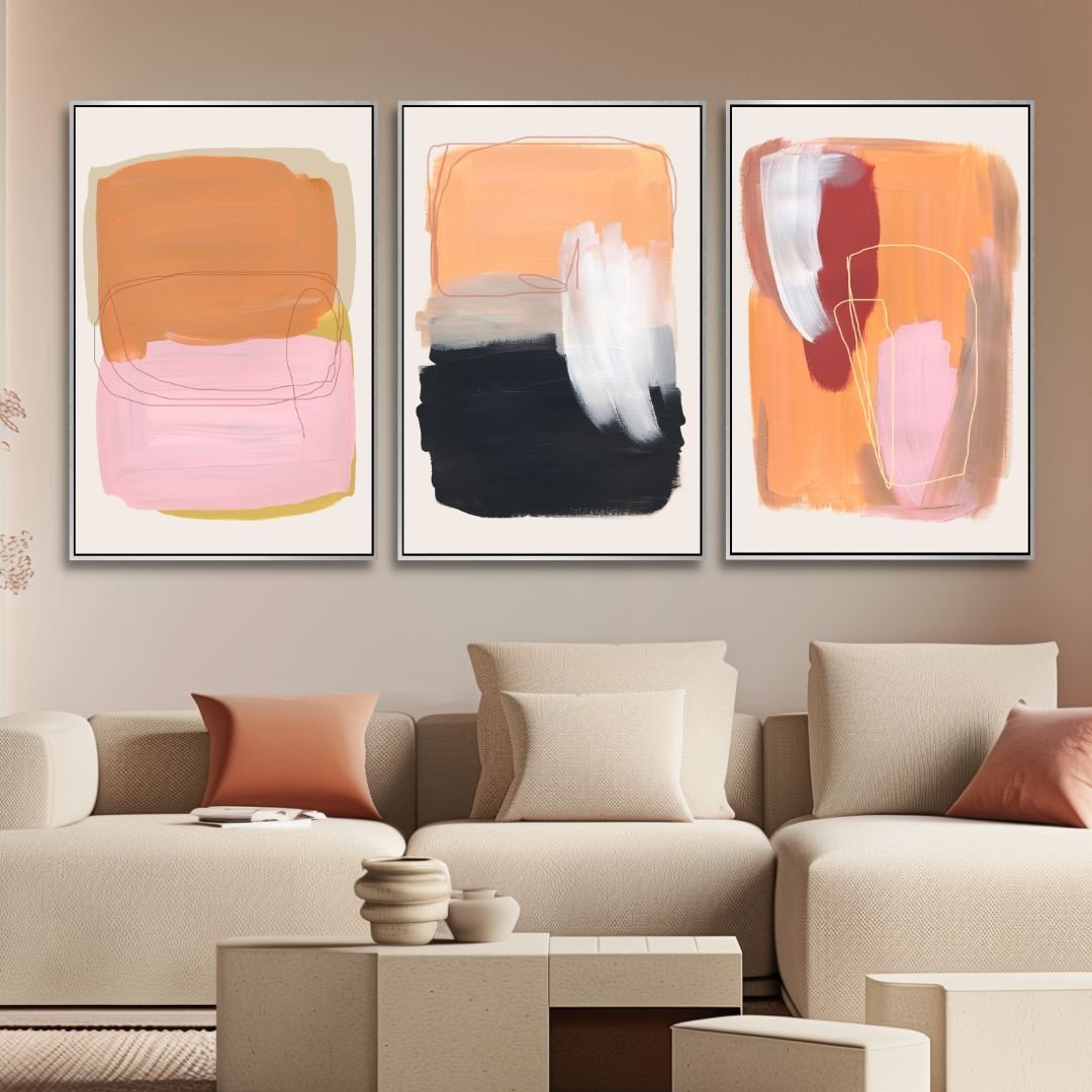 Abstract Oil Painting with Peach, Gray and Beige Brush Strokes for Modern Decor