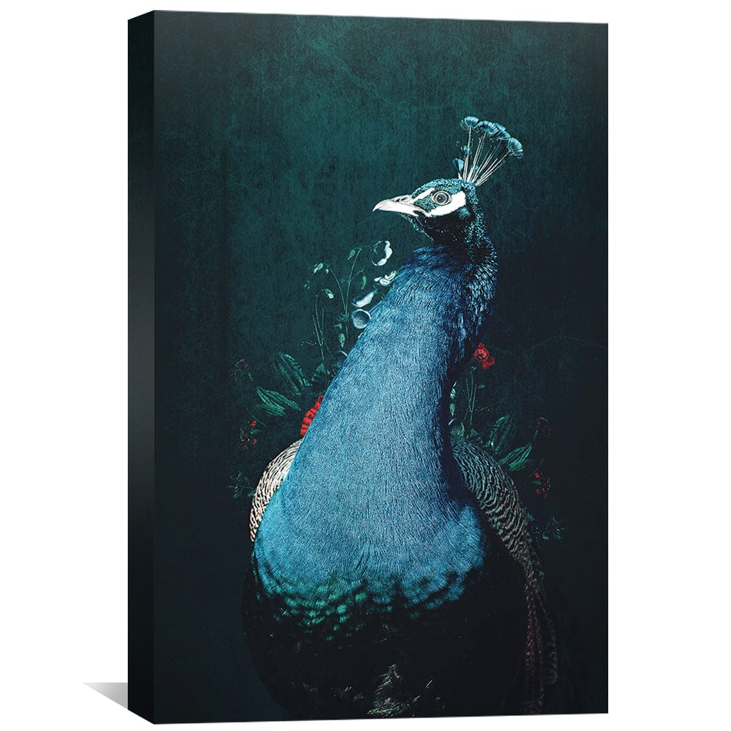 Majestic Peacock Oil Painting on Canvas with Vibrant Colors and Floral Accents