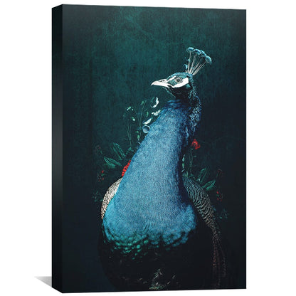 Majestic Peacock Oil Painting on Canvas with Vibrant Colors and Floral Accents