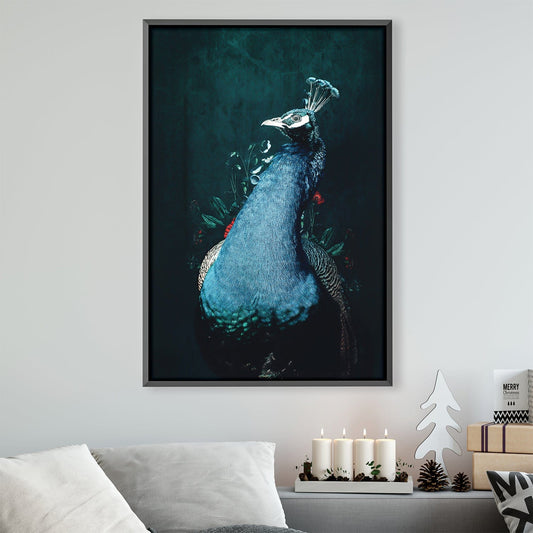 Majestic Peacock Oil Painting on Canvas with Vibrant Colors and Floral Accents