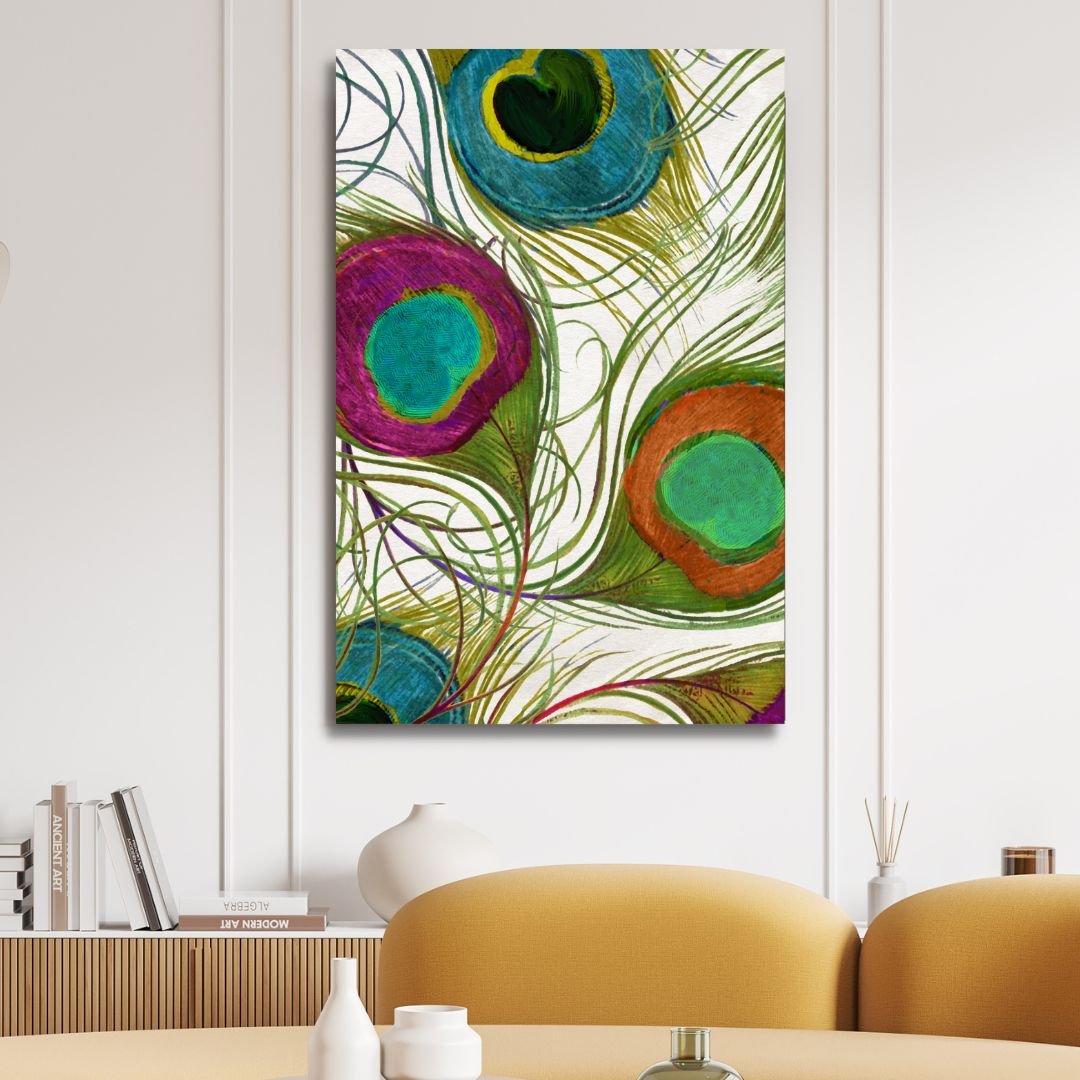 Vibrant Peacock Feathers Abstract Oil Painting for Decorative Home Art