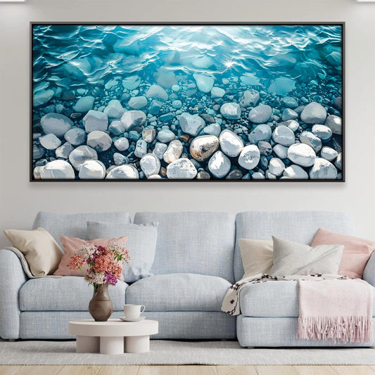 Tranquil Waterscape: Serene Oil Painting of Pebble Shores and Gentle Waves