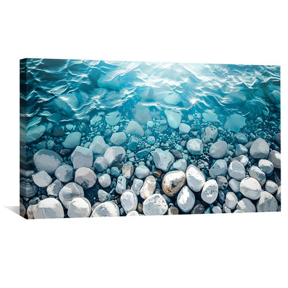 Tranquil Waterscape: Serene Oil Painting of Pebble Shores and Gentle Waves