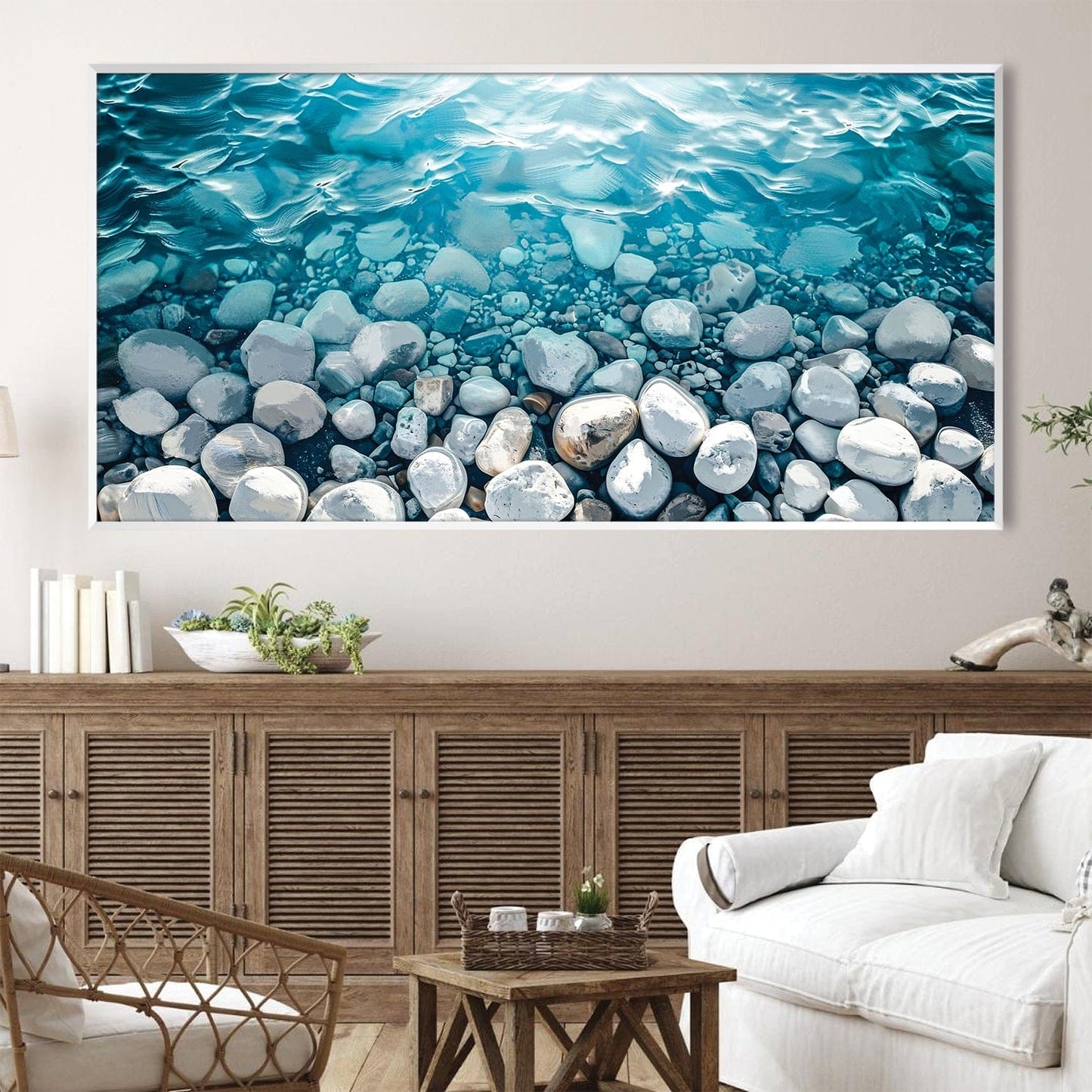 Tranquil Waterscape: Serene Oil Painting of Pebble Shores and Gentle Waves