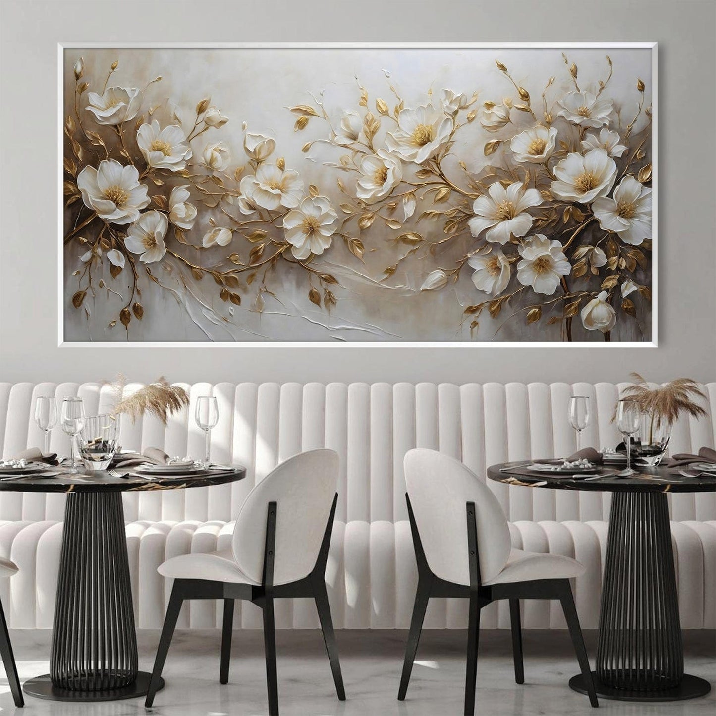 Elegant Floral Oil Painting on Canvas with White Flowers and Gold Accents