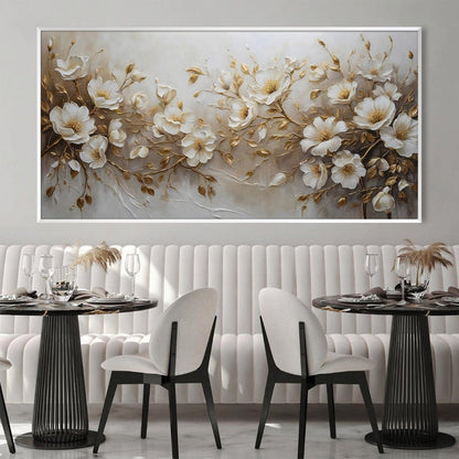 Elegant Floral Oil Painting on Canvas with White Flowers and Gold Accents