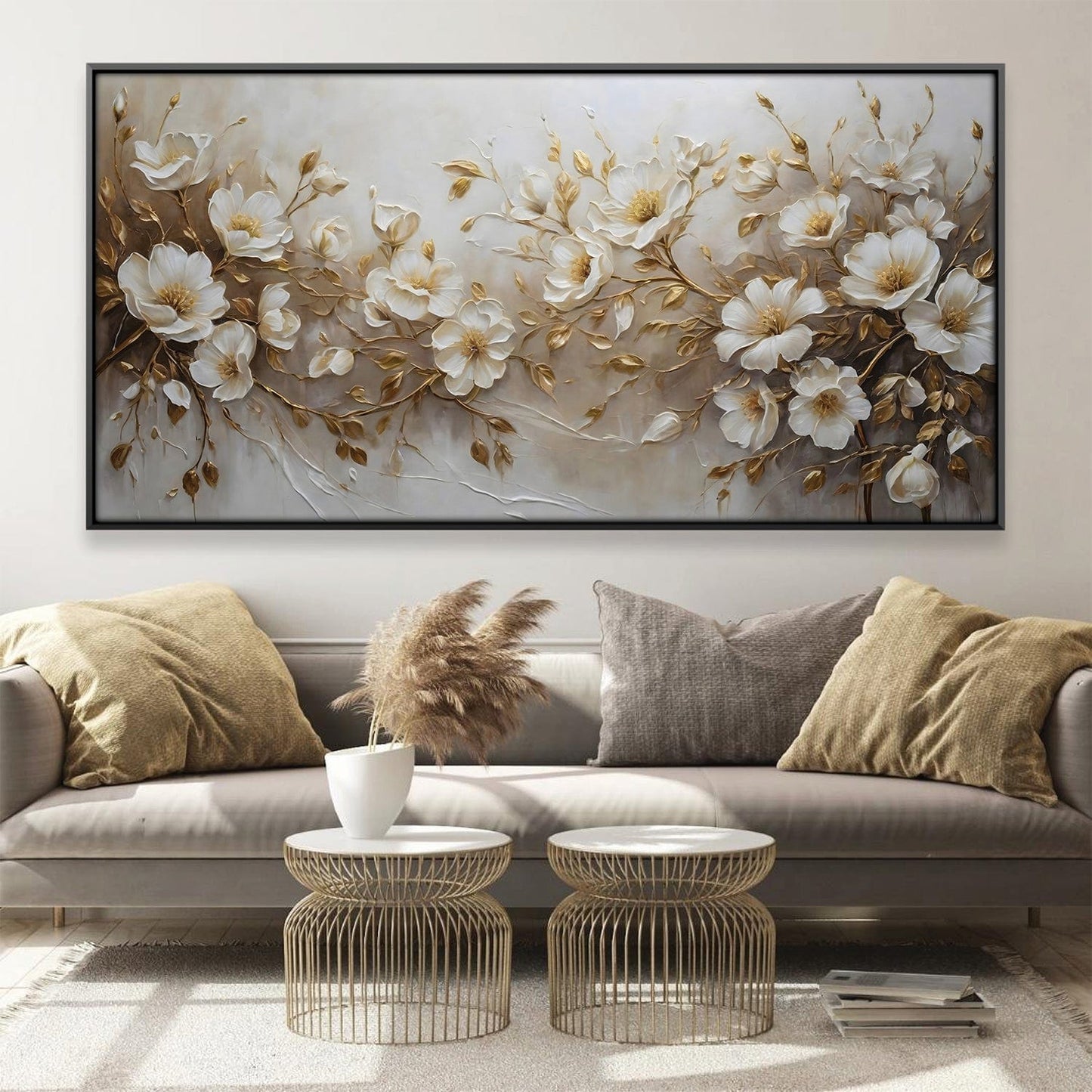 Elegant Floral Oil Painting on Canvas with White Flowers and Gold Accents
